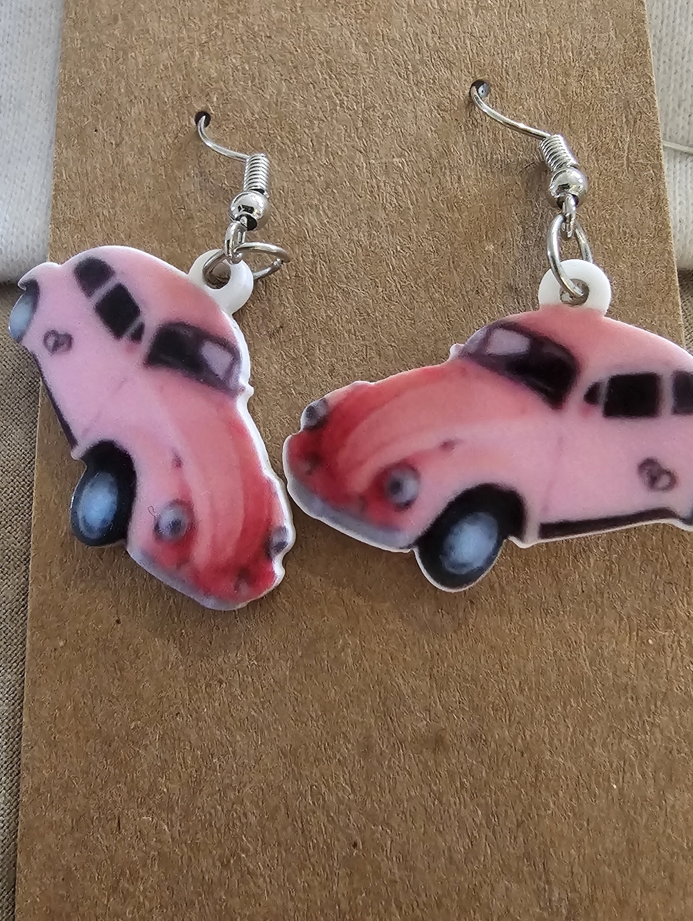 Pink Volkswagon Bug Dangle Earrings Lightweight Easy To Wear